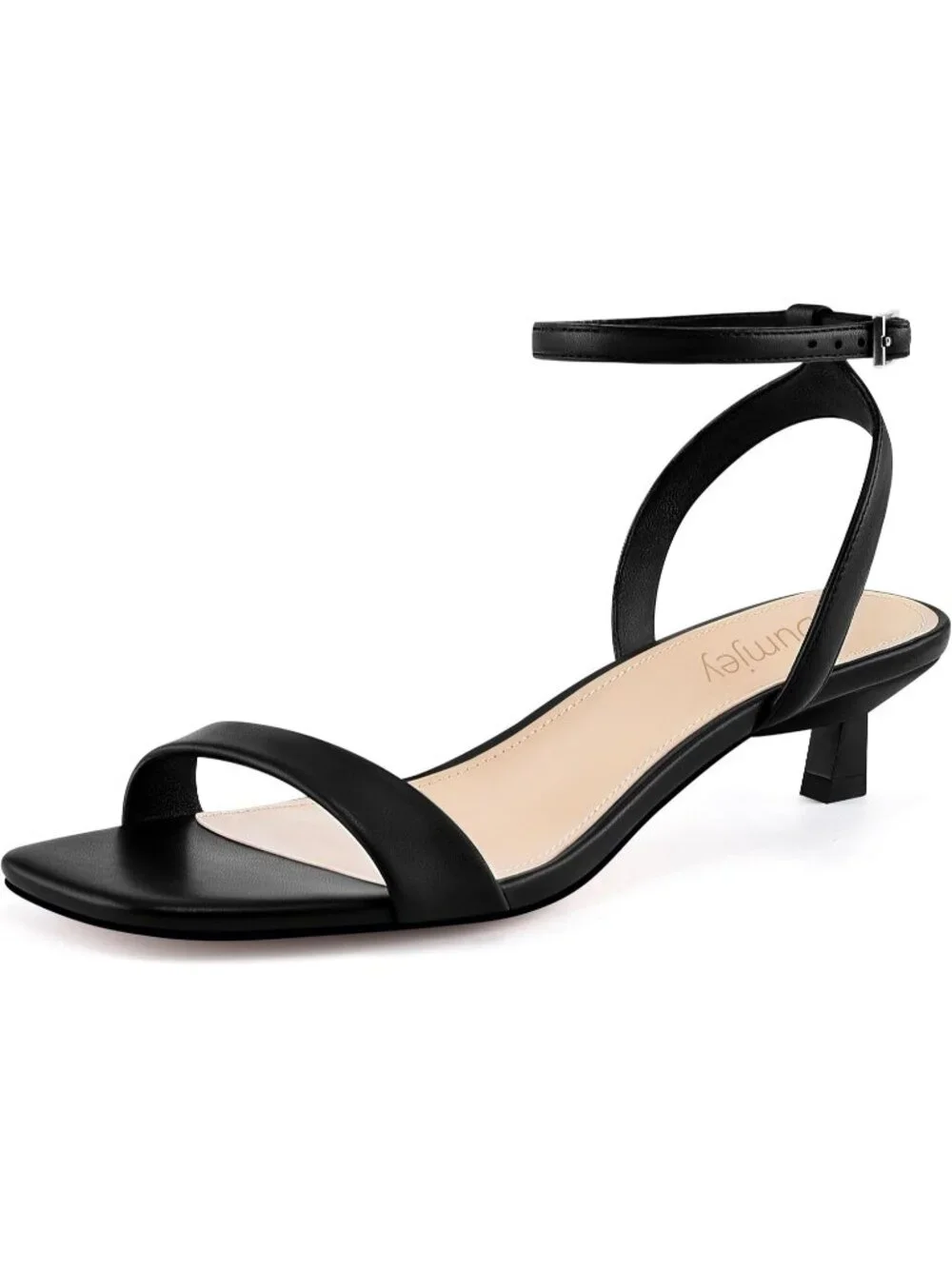 Women's Black Faux Leather Square Open Toe Ankle Strap Kitten Heeled Sandals